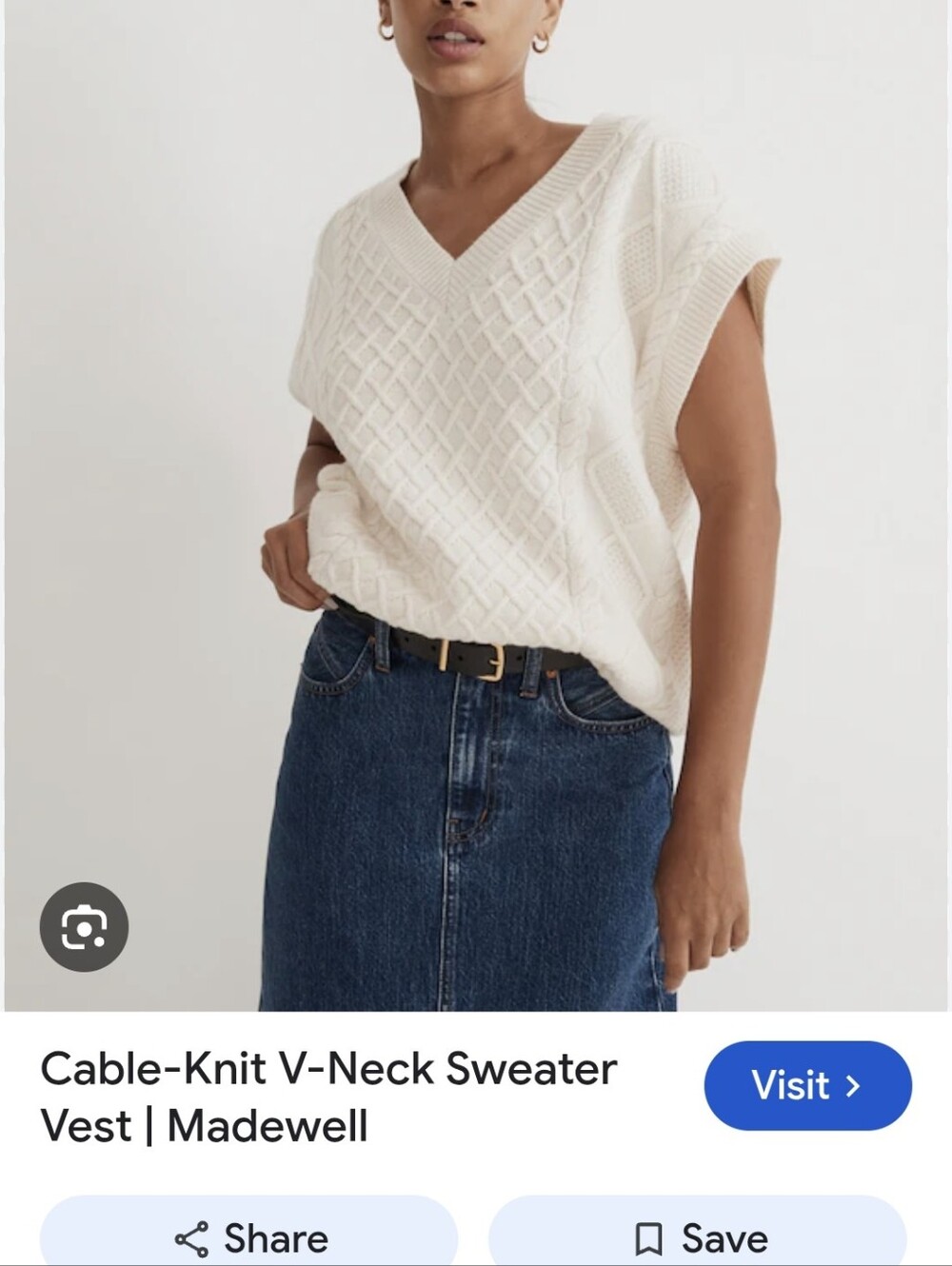 Madewell Cream Cable Knit V-Neck Wool Blend Sweater Vest